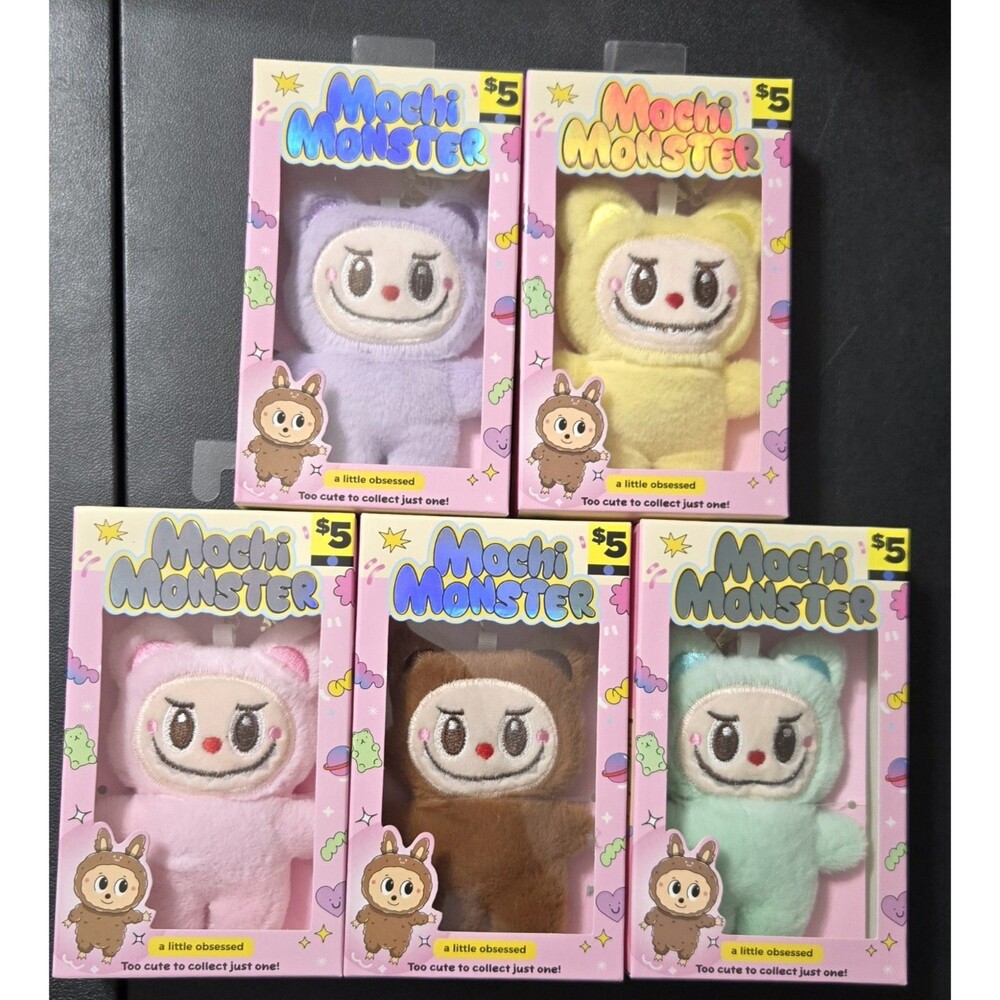Mochi Monster Set of 5 Plush Charm 5" Keychains With Gold Hardware Collectibles